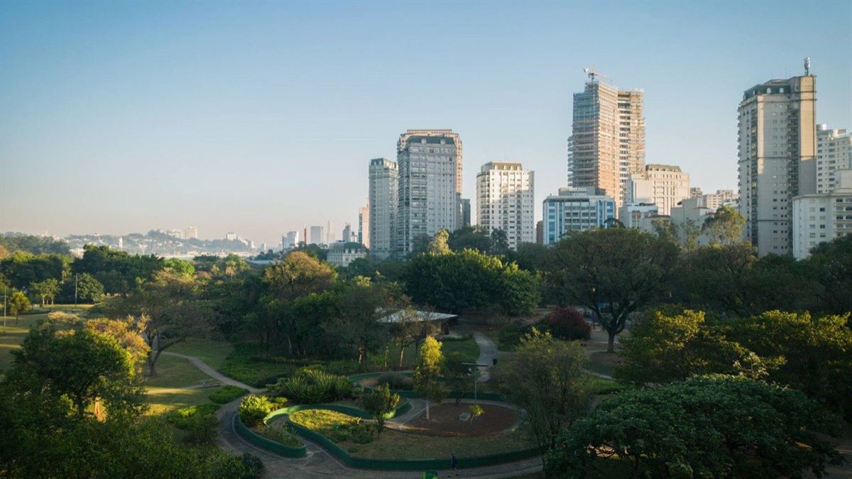 Urban park and city skyline